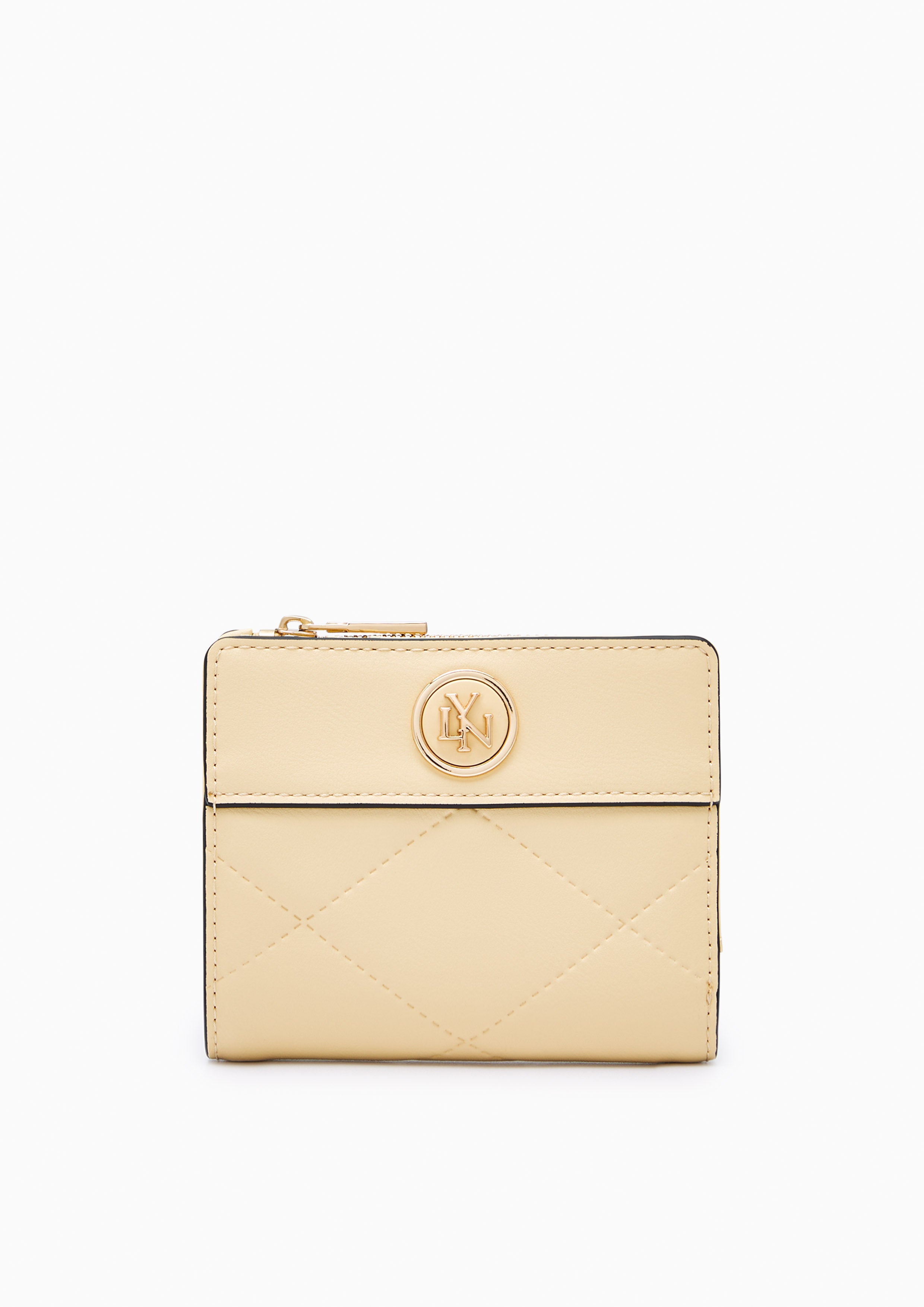 Gold wallet with a brand logo on a white background
